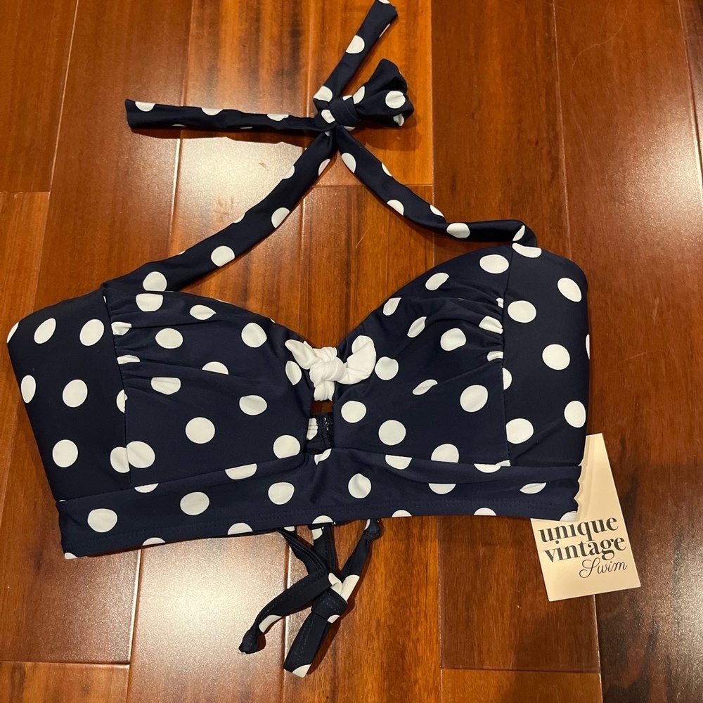 New NWT Unique Vintage Bikini Swim Top Blue White Polka Dot Sailor‎ Bow Sz Large